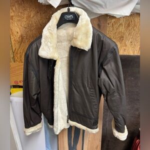 Charles Klein Dark Brown leather Jacket with faux Cream Fur lining